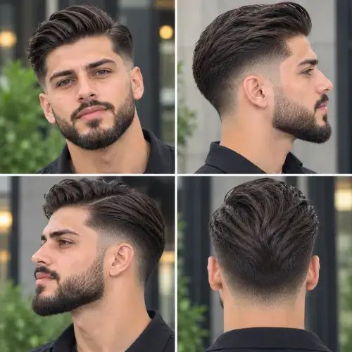 comb over with beard mid taper fade haircut