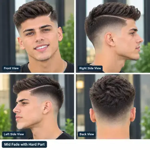 A sharp mid fade with hard part featuring a distinct shaved line parting and smooth tapered sides