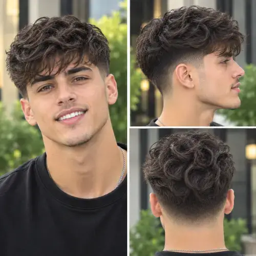 Wavy textured fringe haircut styled with a clean mid taper fade