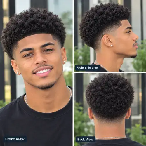 A sharp afro mid taper fade haircut showcasing natural textured afro hair on top with clean tapered sides