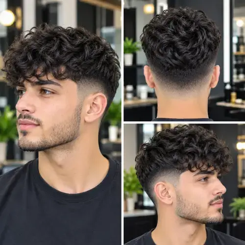 Curly textured fringe haircut defined with a clean mid taper fade