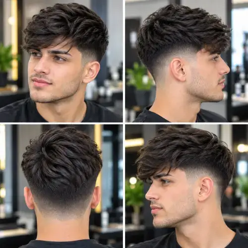 Side-swept textured fringe haircut styled with a modern mid taper fade