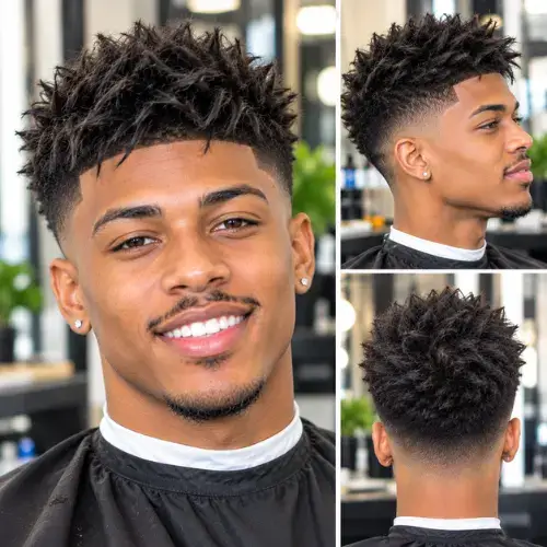 A modern spiky textured top haircut with short defined hair spikes and clean tapered sides