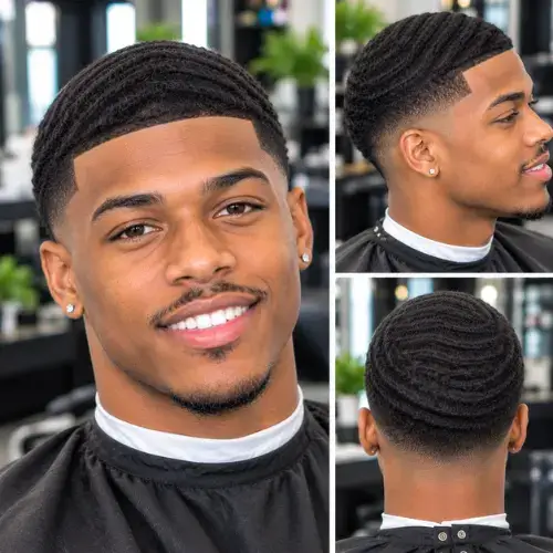 A sharp mid taper fade with waves featuring defined 360 wave patterns on top and clean tapered sides