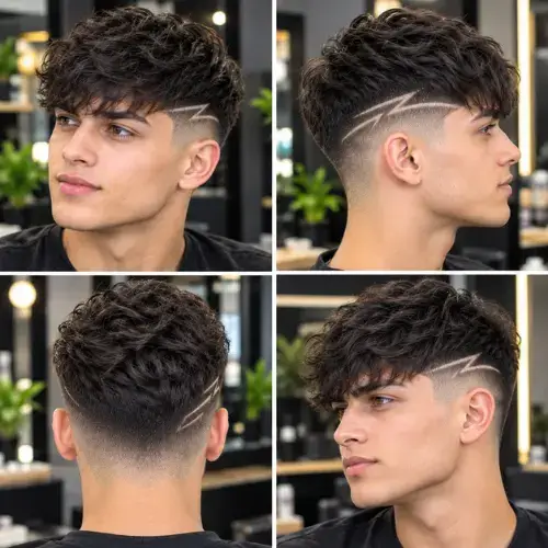 Textured fringe haircut styled with a mid taper fade and sharp hair design