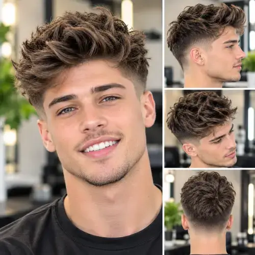 A stylish textured quiff haircut with brushed-up volumetric hair on top and clean faded sides