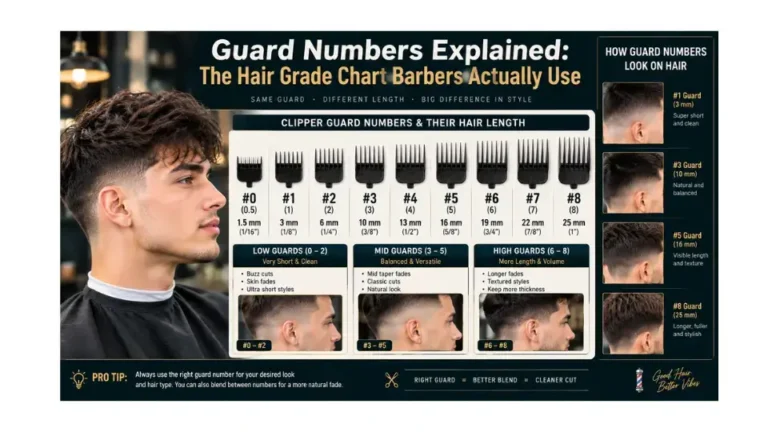 Comprehensive hair clipper guard numbers chart and hair grades guide for men showing guard lengths in millimeters.