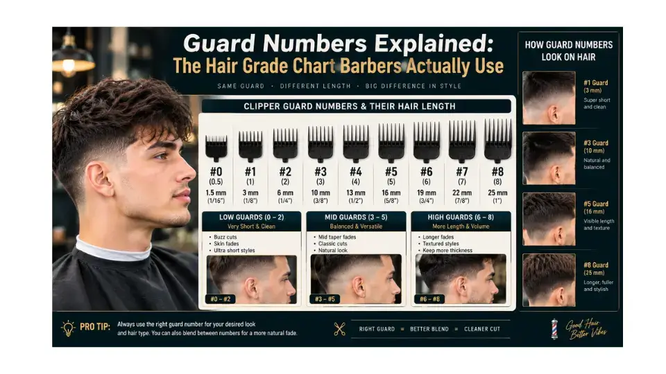 Comprehensive hair clipper guard numbers chart and hair grades guide for men showing guard lengths in millimeters.
