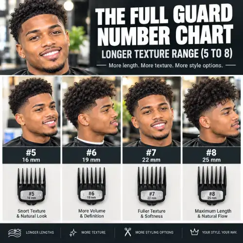 Comprehensive guide showing longer texture range (5 to 8) clipper guard lengths for voluminous and textured haircut styling.