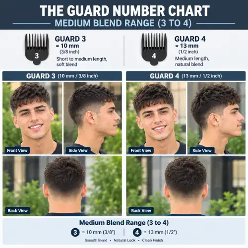 Visual haircut guide showing medium blend range (3 to 4) guard lengths for smooth faded hairstyles.