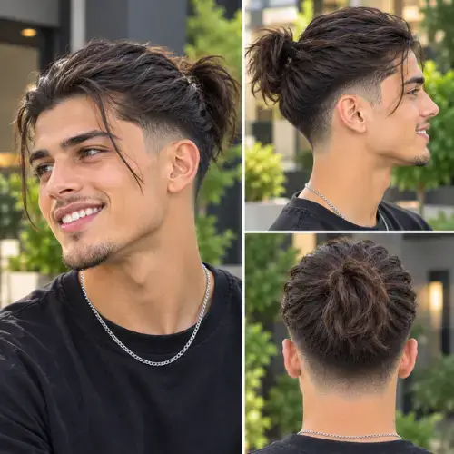 Mid taper fade haircut styled with a long hair ponytail on top