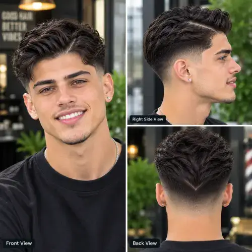 Mid taper fade haircut styled with a sharp V-part neckline design