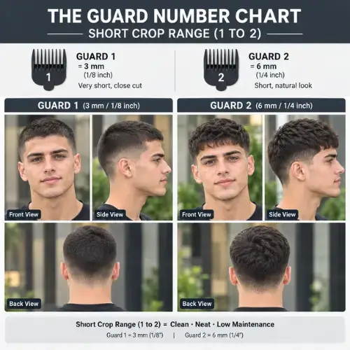 Detailed guide showing short crop range (1 to 2) haircut guard lengths and fade styling examples.
