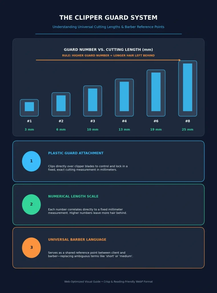 Detailed hair clipper guard numbers infographic showing exact millimeter lengths from guard 1 to guard 6 for men's haircut precision.