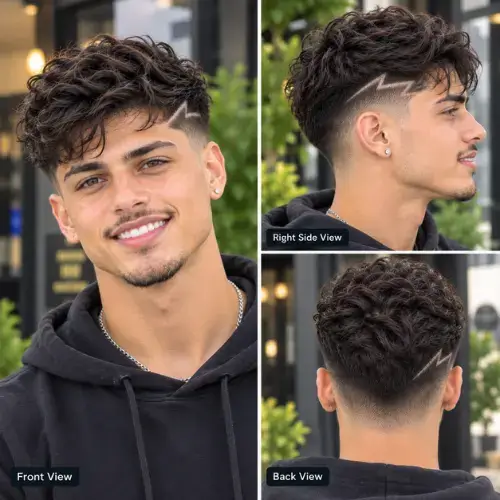 Mid taper fade haircut styled with a creative zigzag shaved part line