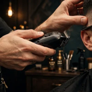 Barber lining up a sharp temple edge with clippers