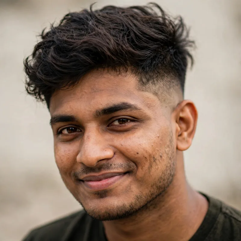 Mid burst fade arcing at mid-ear height with a textured top