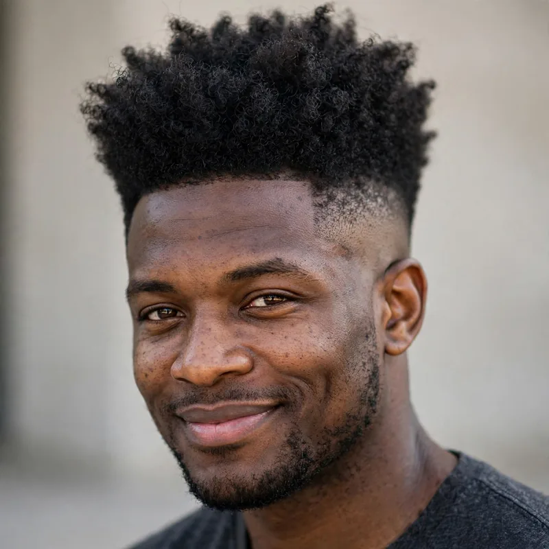 High burst fade with dramatic skin fade above the ear and voluminous top