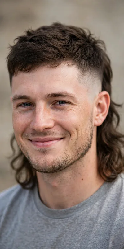 Burst fade mullet with longer hair flowing at the back