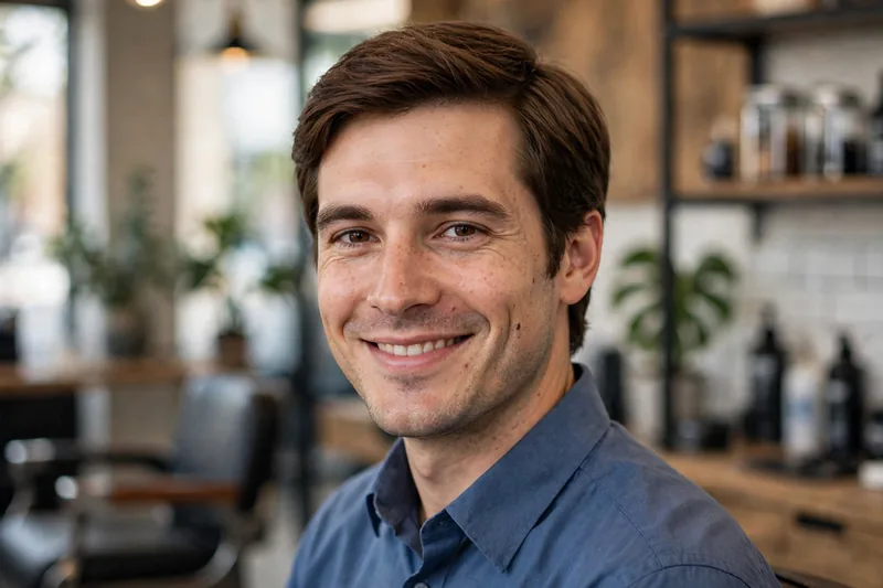 Smiling man with a classic taper haircut — neat full sides that only shorten at the sideburns and neckline