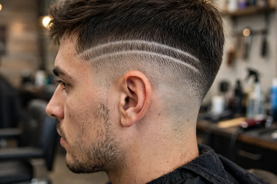 Taper fade with two parallel shaved lines running above the ear