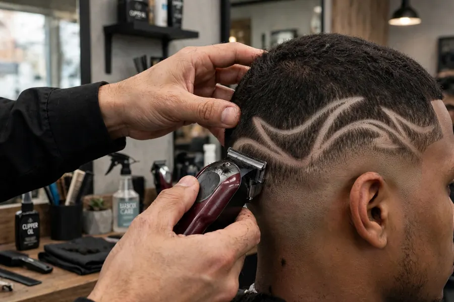 Barber carving a freestyle wave design into the side of a taper fade