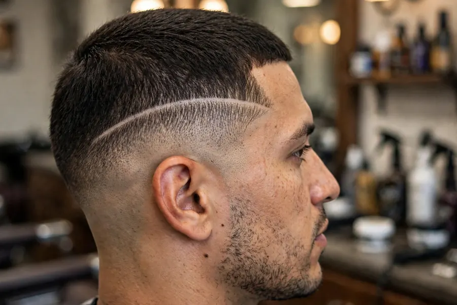 Close side view of a taper fade with a single clean hard line shaved above the ear