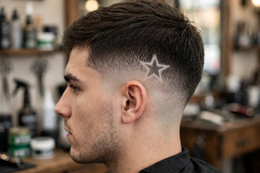 Taper fade with a small star design shaved near the temple