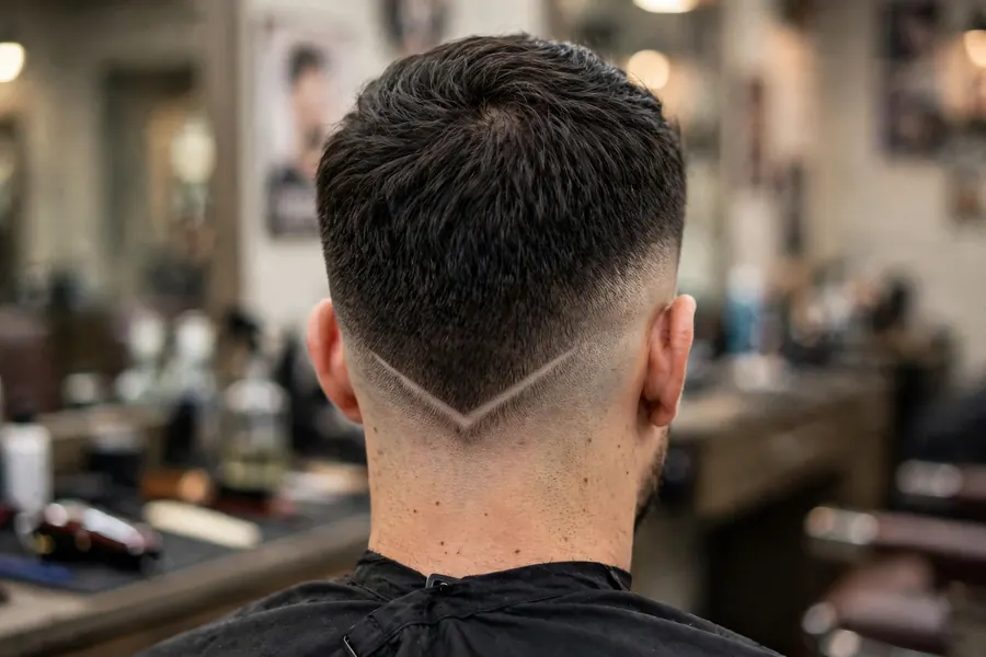 Back view of a taper fade with a sharp V design shaved into the nape