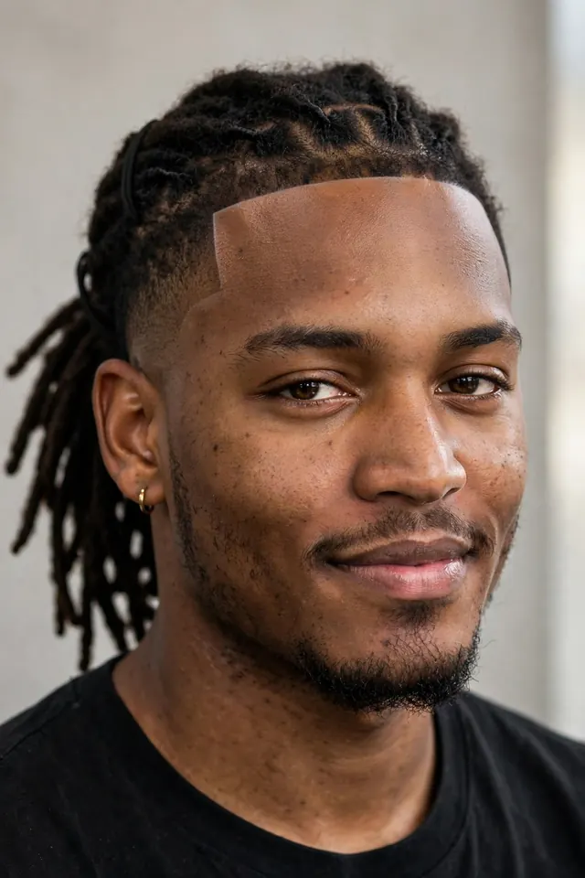Dreads with sharp lineup and mid taper fade