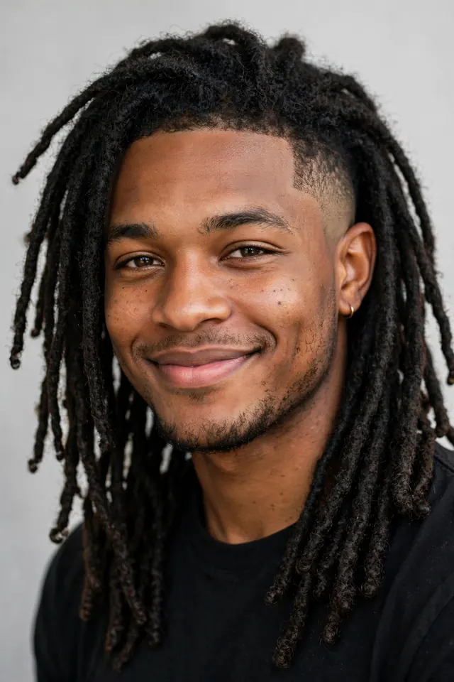 Medium length dreads with mid taper fade