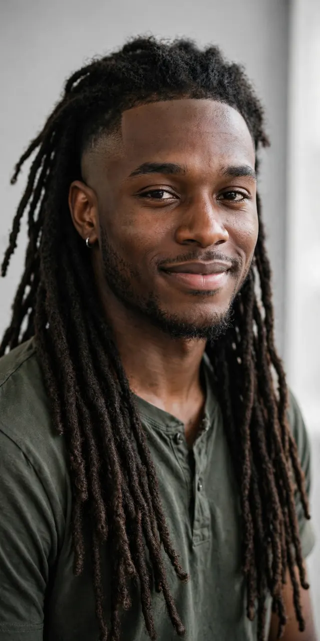 Long dreads with mid taper fade, flowing locs