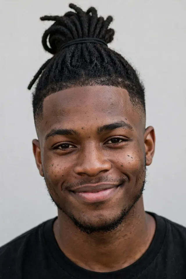 Dreads in a top knot with mid taper fade