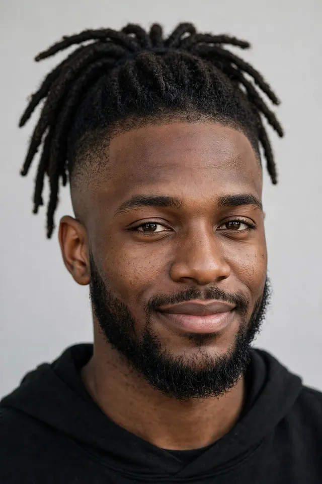 Dreads with connected beard and mid taper fade