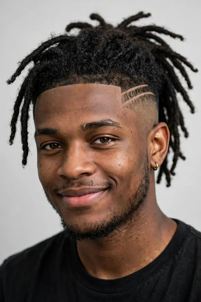 Dreads with shaved line design in mid taper fade