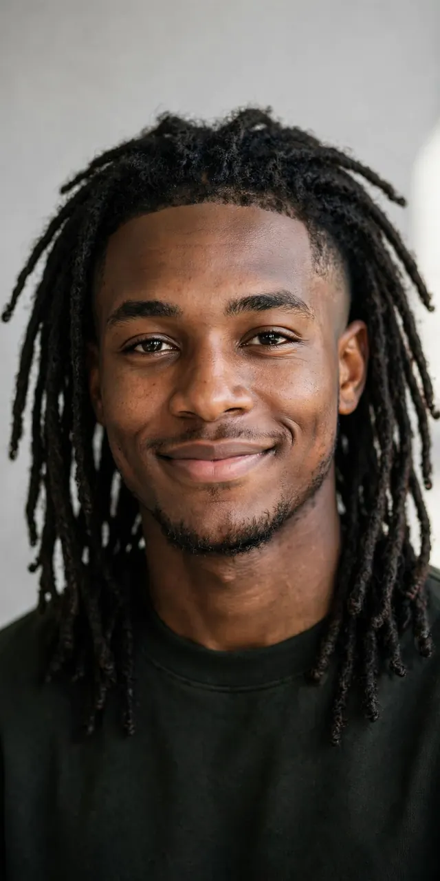 Dreads with tapered neckline and mid taper fade, back view