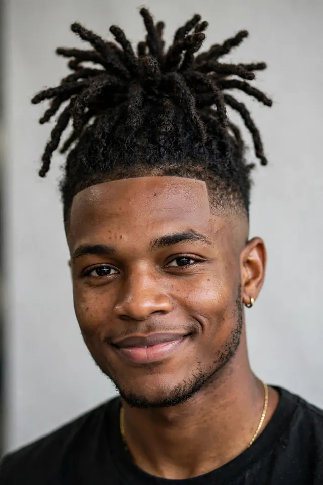 High top dreads styled upward with mid taper fade