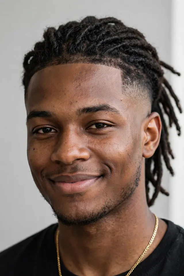 Swept back dreads with mid taper fade, polished look