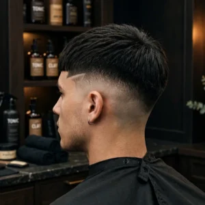 Edgar haircut paired with a clean temple fade