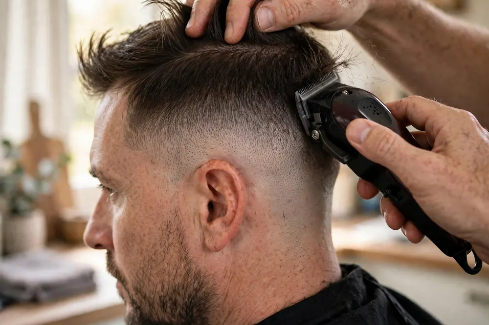 Blending a fade haircut with a clipper using short upward flicks to erase the guideline
