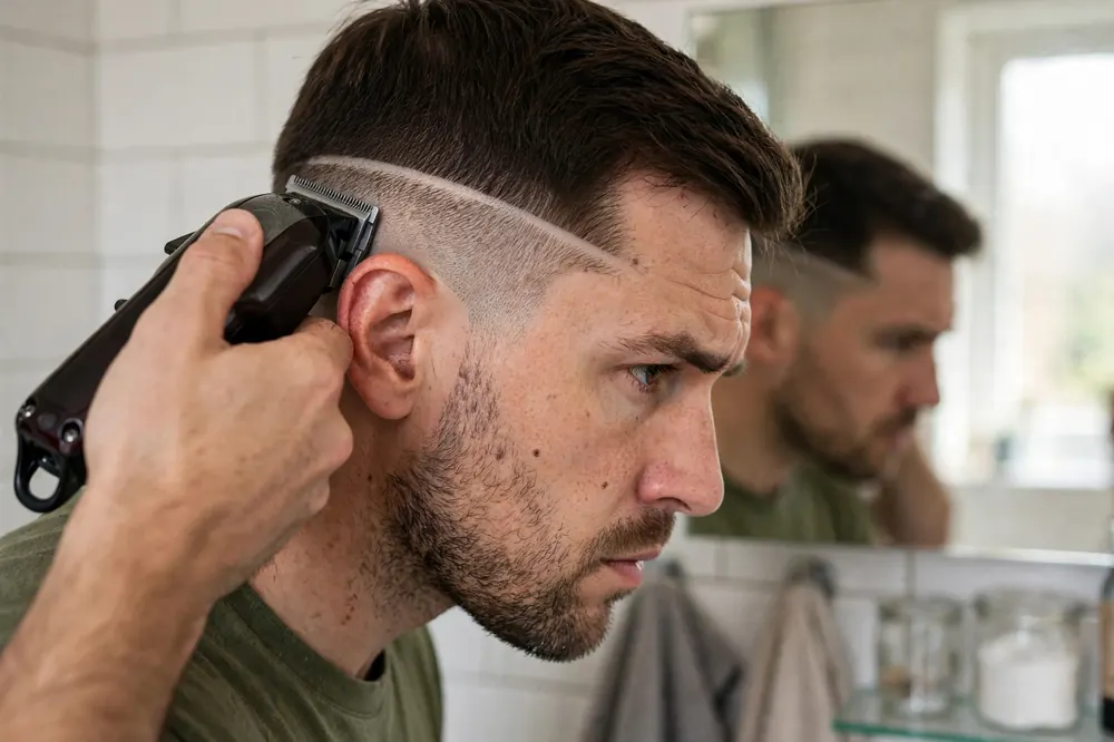 Close view of the first fade guideline cut with a clipper just above the ear during a diy fade haircut