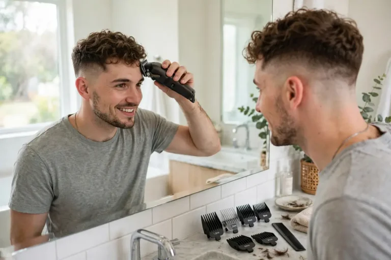 Man smiling in a bathroom mirror while cutting his own fade haircut at home with a cordless clipper, guard combs on the counter