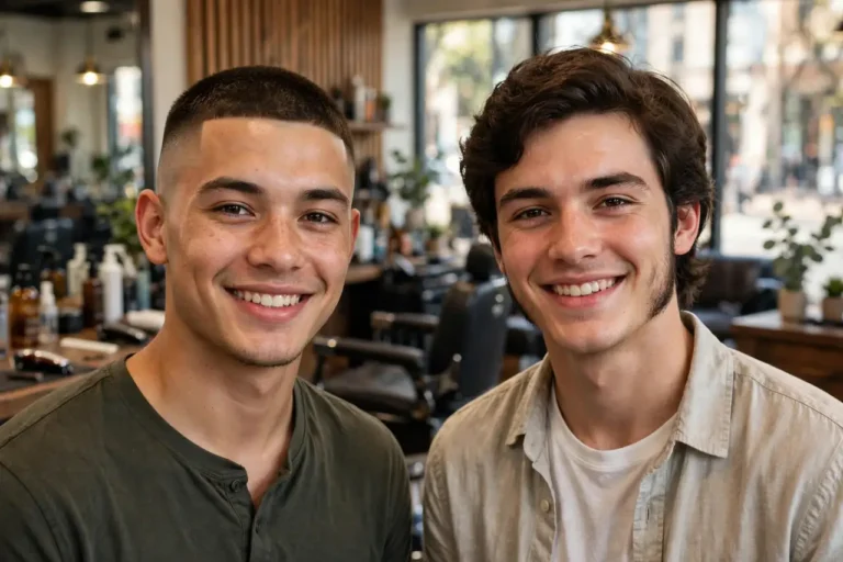 Fade vs taper side by side — two smiling men in a barbershop, one with a short skin fade and one with a fuller classic taper