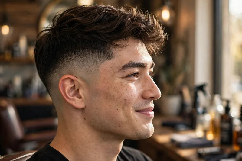 Side profile of a mid skin fade showing the smooth blend down to bare skin around the ear