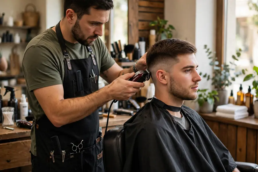 barber giving mid taper haircut with clippers