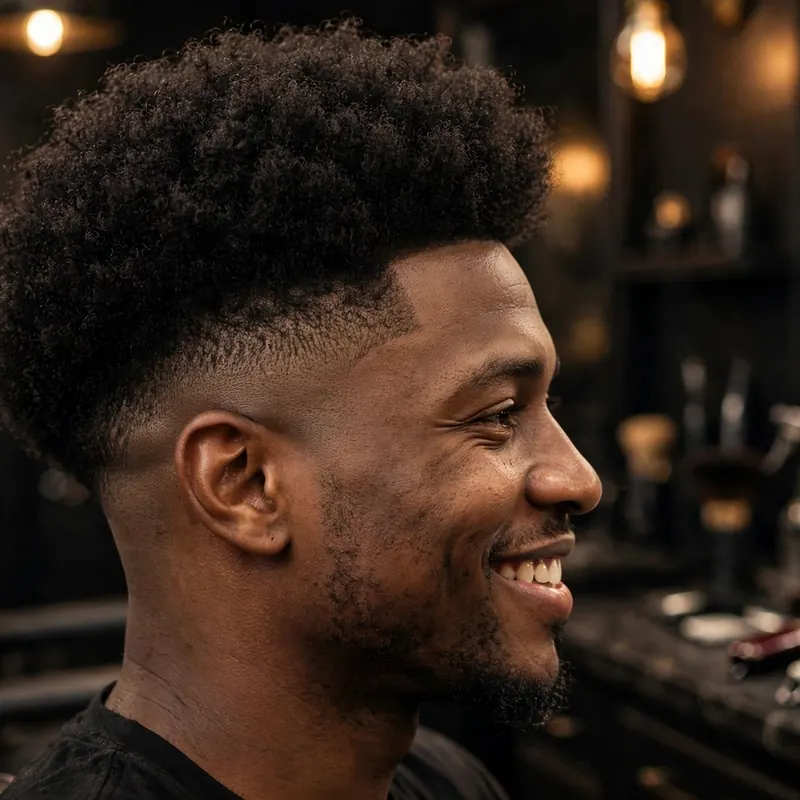 Afro with mid taper fade: full coily top with shaped afro, crisp tapered sides