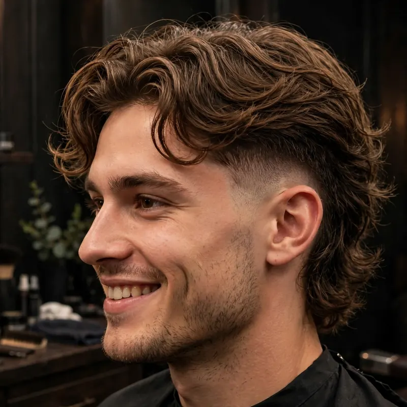 Beachy wavy top with mid taper fade: loose waves on long hair, sharp tapered sides