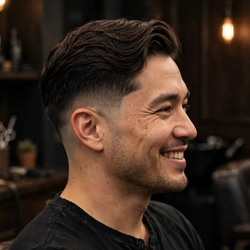 Classic side part with mid taper fade: long top parted to one side, clean tapered sides