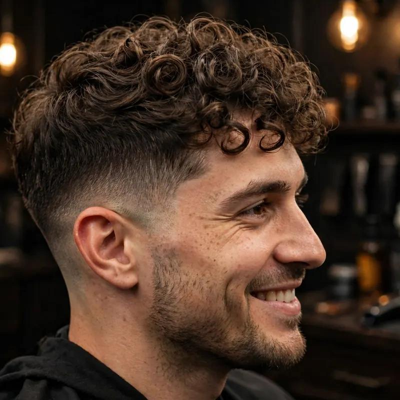 Curly top with mid taper fade: defined curls on long top, tapered sides