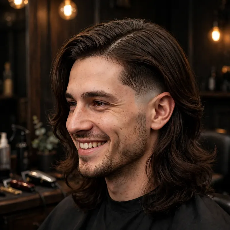 Curtain flow with mid taper fade: long hair parted in the middle, tapered sides